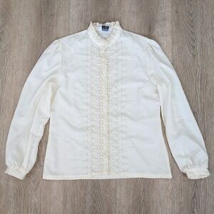 Vintage 70s Cream Eyelet Lace Victorian Blouse Medium Puff Sleeve Cottagecore